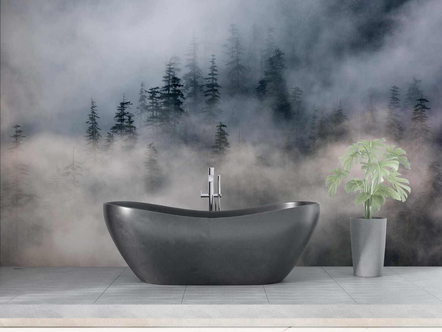 Foggy Forest Wallpaper: Misty Pine Tree Landscape for Bedroom or Yoga Space