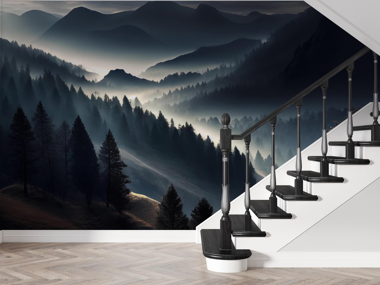 Mountain Forest Wall Mural Wallpaper with Mist Layers, Moody Landscape Wall Art for Living Room or