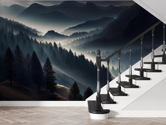 Mountain Forest Wall Mural Wallpaper with Mist Layers, Moody Landscape Wall Art for Living Room or