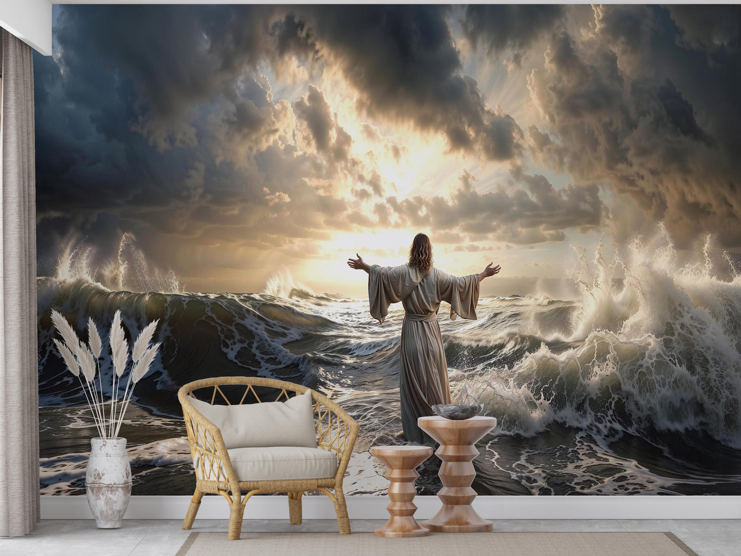 Spiritual Ocean Wall Mural Wallpaper with Storm Waves, Faith Inspired Dramatic Seascape Art for