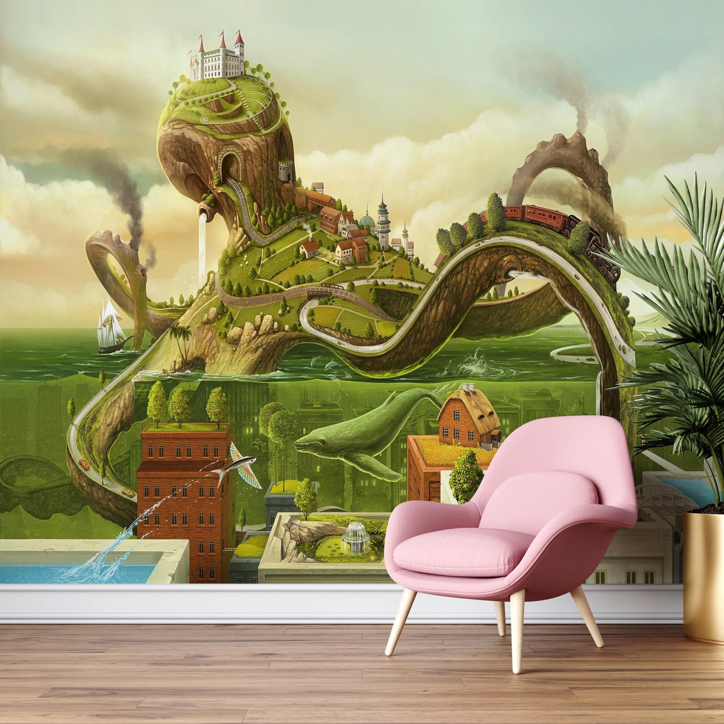 Whimsical Green World Wallpaper: Fantasy Landscape Wall Mural for Kids Room or Creative Studio