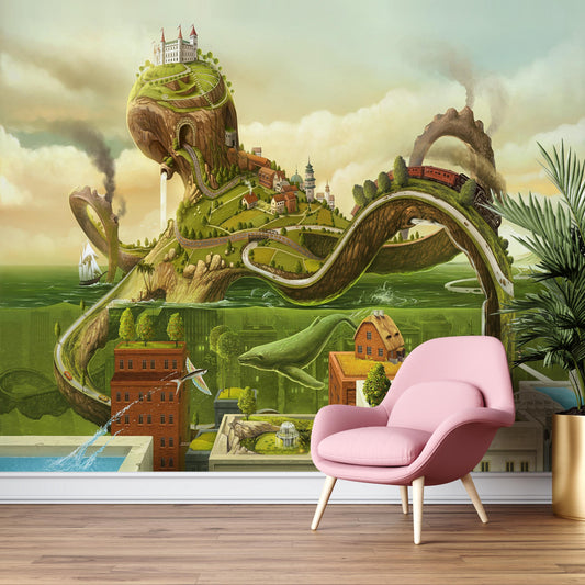 Whimsical Green World Wallpaper: Fantasy Landscape Wall Mural for Kids Room or Creative Studio