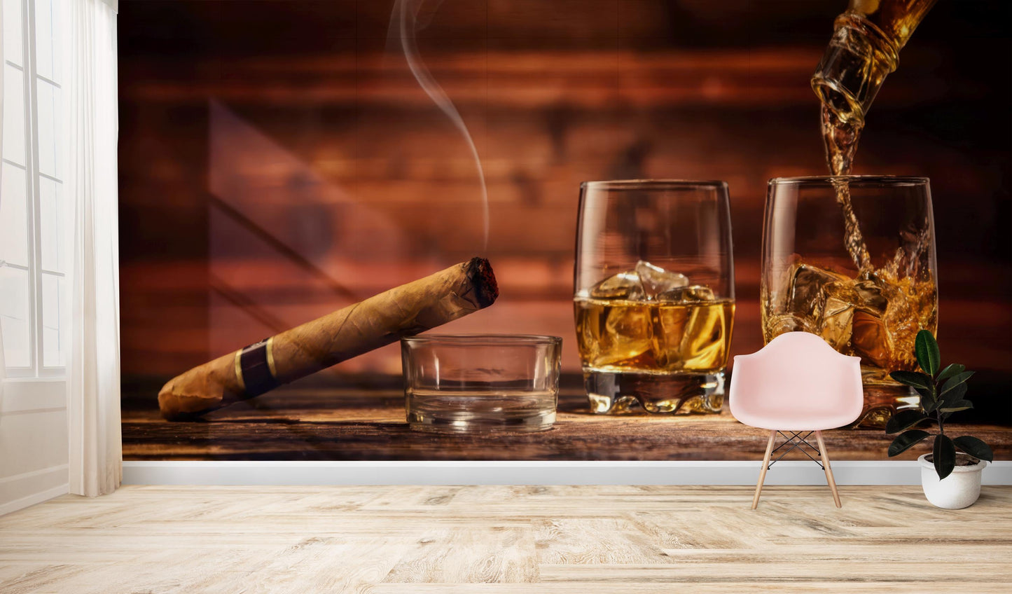 Sophisticated Smoked Glass Wallpaper for Lounge or Bar Decor, Whiskey and Cigar Wall Mural