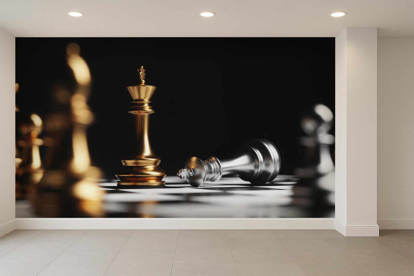 Elegant Black Chess Battle Wall Mural Wallpaper with Gold and Silver Pieces for Office or Study Room