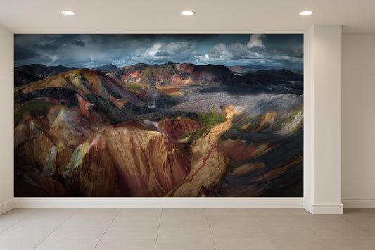 Colorful Mountain Wall Mural with Dramatic Sky, Scenic Landscape Wallpaper, Earth Tone Nature Art