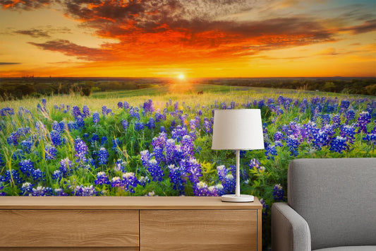 Purple Floral Meadow Wallpaper, Sunset Wildflower Field Wall Mural for Bedroom and Living Room