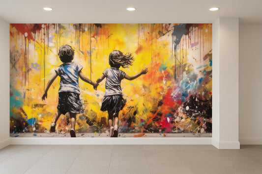 Urban Graffiti Style Wallpaper with Joyful Running Children Mural for Playroom