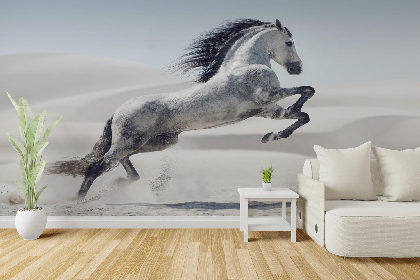 White Horse Wall Mural Running in Desert, Minimalist Equine Wallpaper for Modern Decor