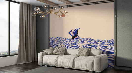 Modern Boho Art Wallpaper with Bold Blue Beige Ocean Pattern for Creative Living Spaces