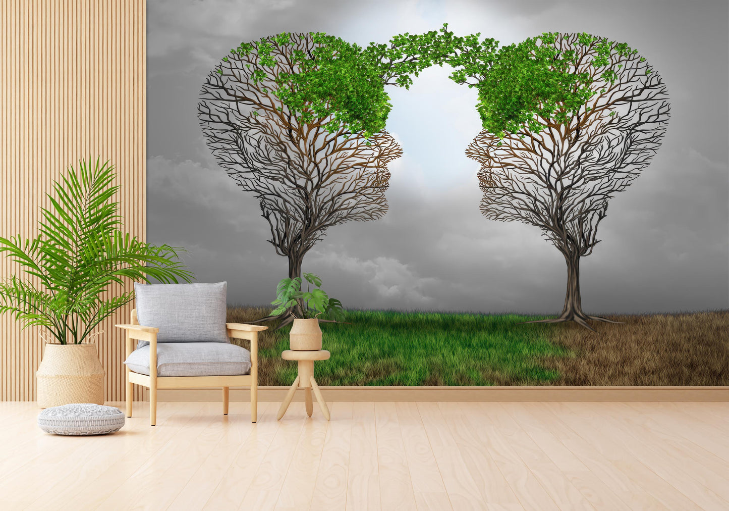Surreal Nature Mind Art Wallpaper: Tree Face Connection Wall Mural for Office or Study Room