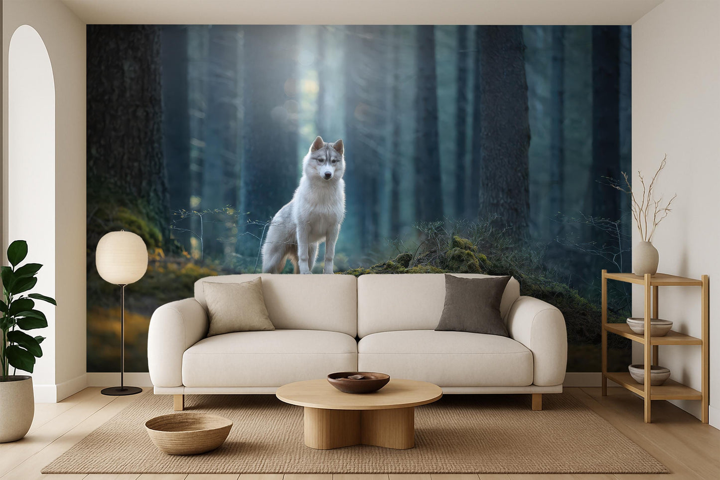 White Wolf Forest Wall Mural: Mystical Foggy Woods Wallpaper for Bedroom, Cabin, or