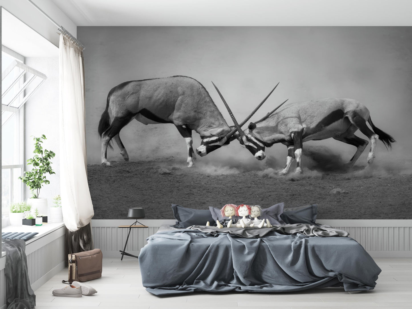 Black and White Antelope Fight Wall Mural, Wild Oryx Battle Scene Wallpaper for Bold Decor