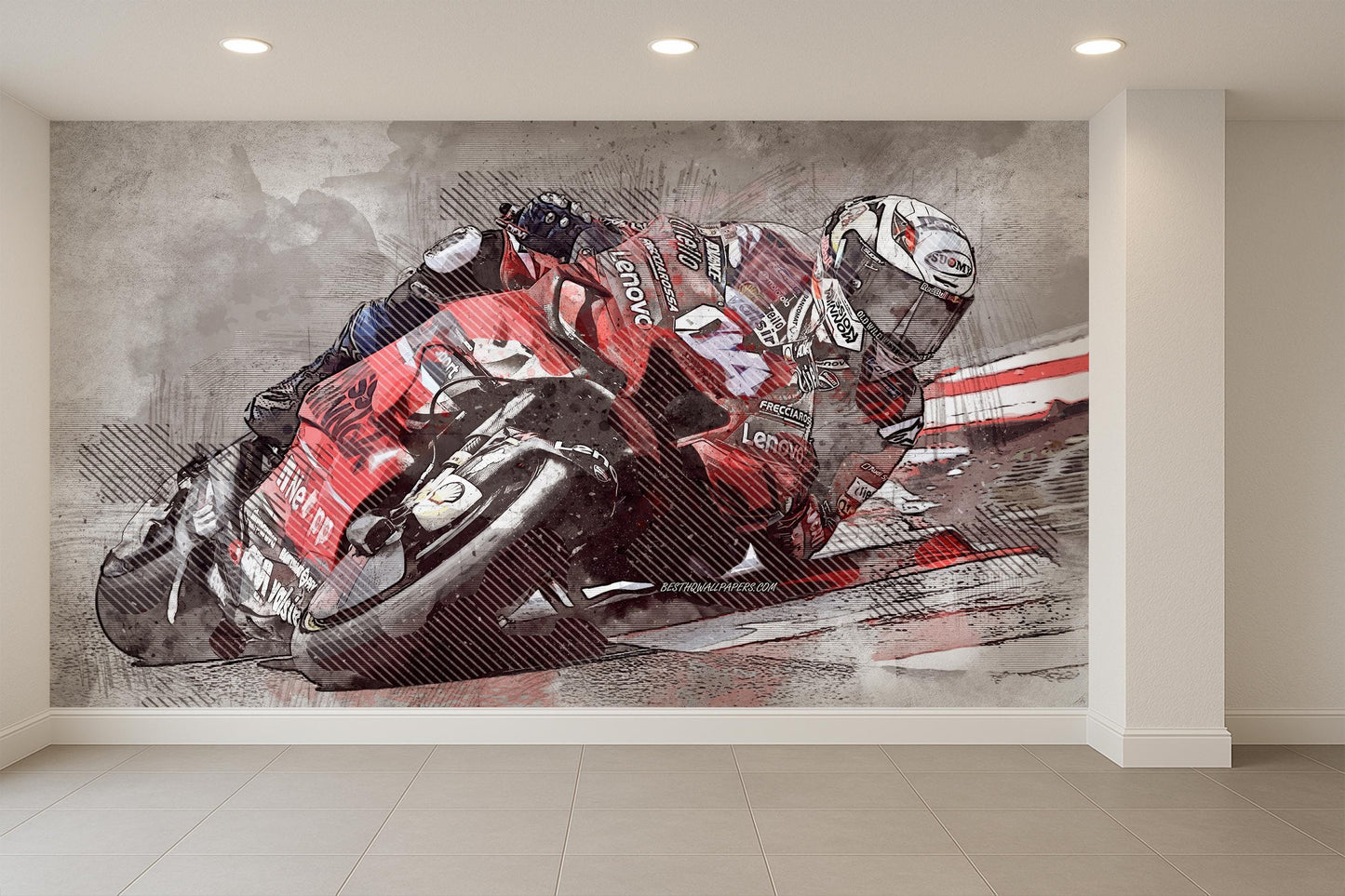 Dynamic Red MotoGP Art Wallpaper: Motorcycle Racer Wall Mural for Speed and Adrenaline Themed Decor