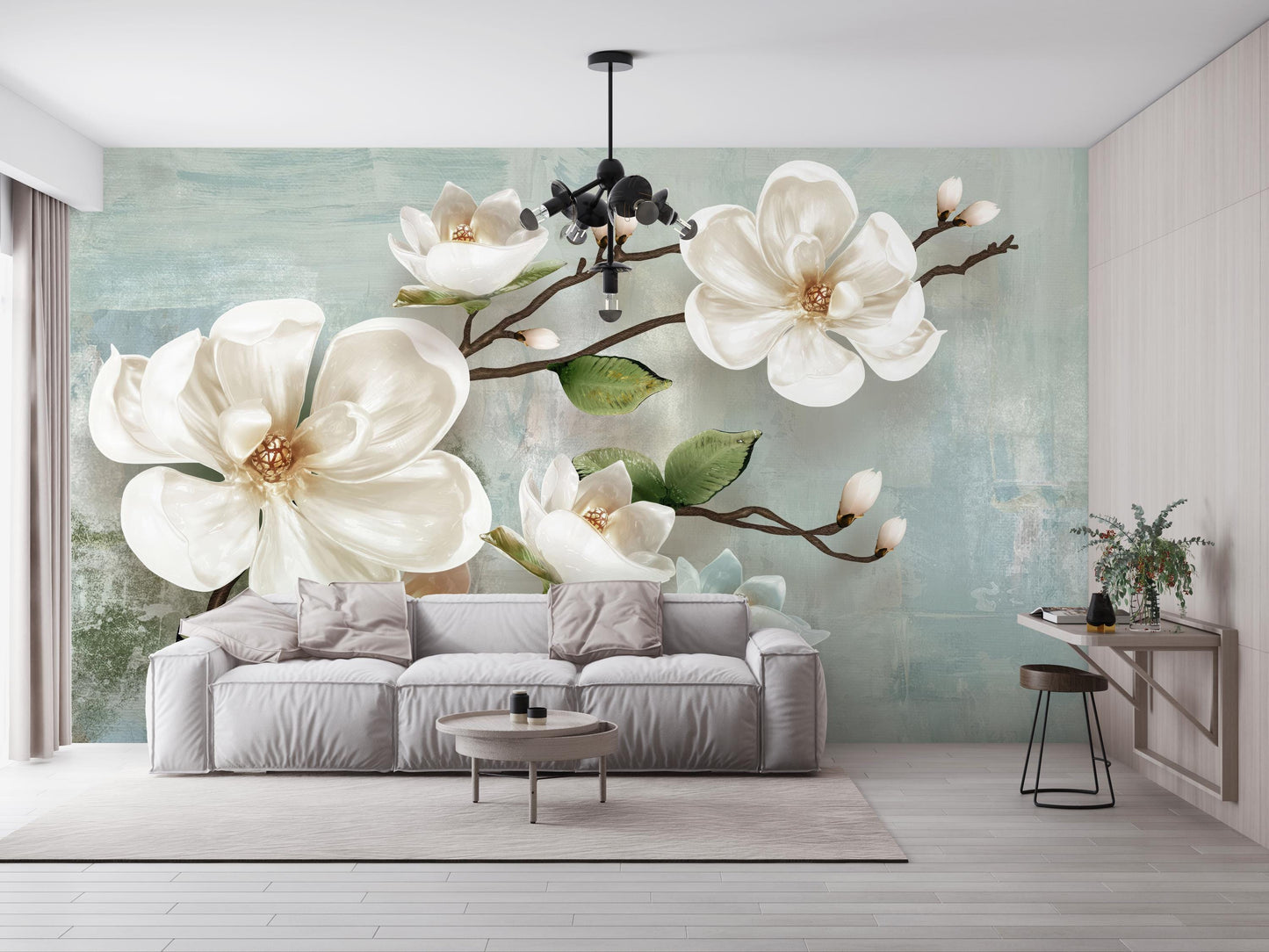 Elegant Magnolia Flower Wall Mural, Soft Pastel Botanical Wallpaper, Romantic Blooming Branch Art
