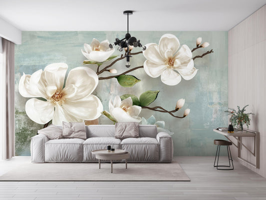 Elegant Magnolia Flower Wall Mural, Soft Pastel Botanical Wallpaper, Romantic Blooming Branch Art