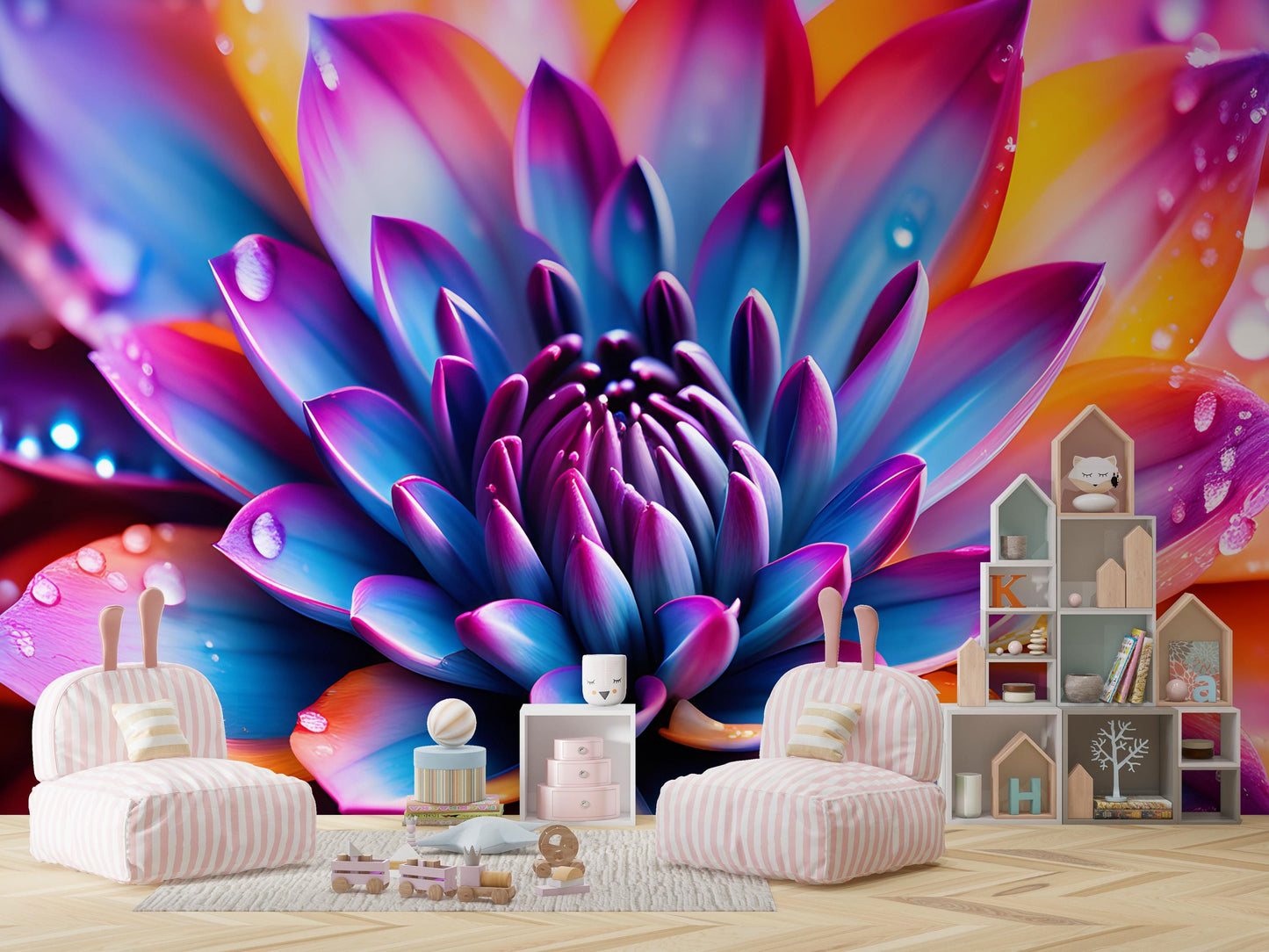 Bold Modern Botanical Wallpaper with 3D Water Droplet Bloom for Bedroom or Salon