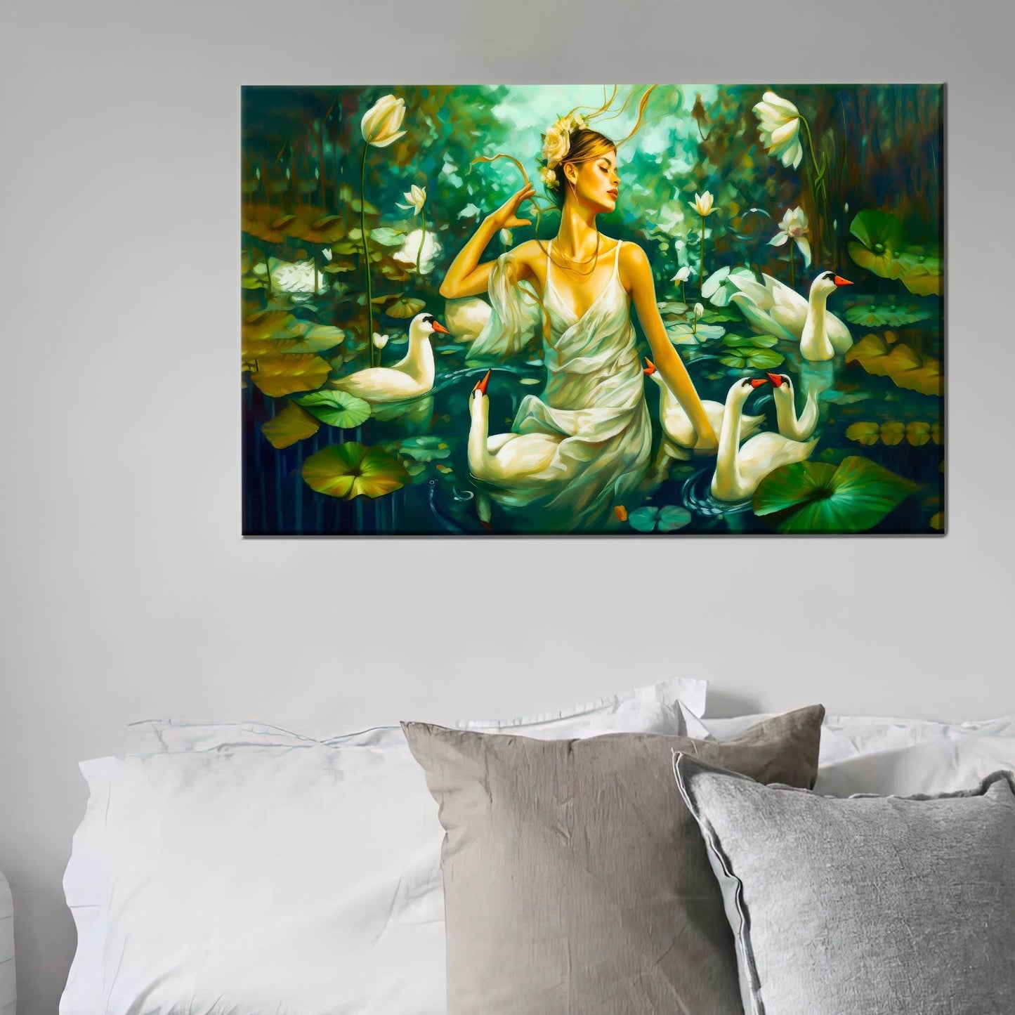 Modern Swans Art Canvas: Woman Swimming with Swans Wall Hanging, Personalized Teacher Gift