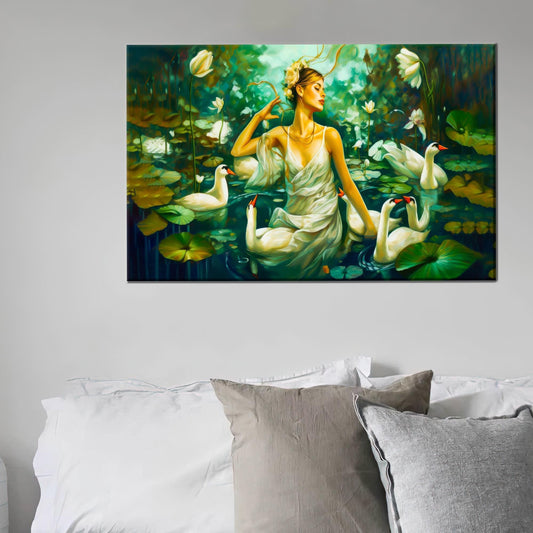 Modern Swans Art Canvas: Woman Swimming with Swans Wall Hanging, Personalized Teacher Gift