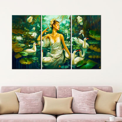 Modern Swans Art Canvas: Woman Swimming with Swans Wall Hanging, Personalized Teacher Gift