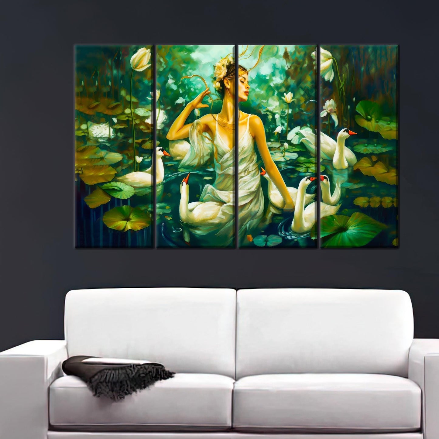 Modern Swans Art Canvas: Woman Swimming with Swans Wall Hanging, Personalized Teacher Gift