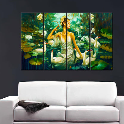 Modern Swans Art Canvas: Woman Swimming with Swans Wall Hanging, Personalized Teacher Gift