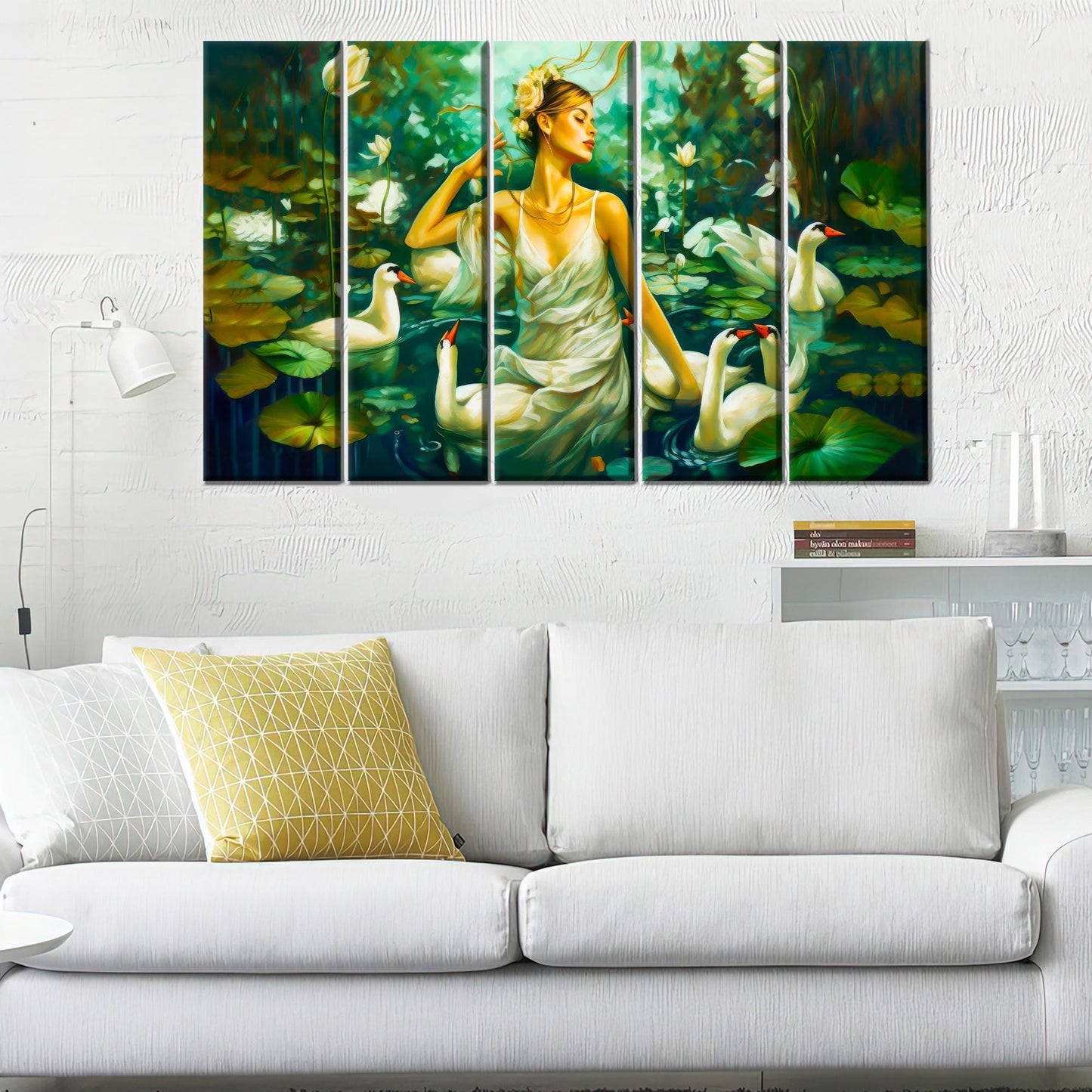 Modern Swans Art Canvas: Woman Swimming with Swans Wall Hanging, Personalized Teacher Gift