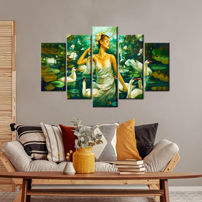 Modern Swans Art Canvas: Woman Swimming with Swans Wall Hanging, Personalized Teacher Gift