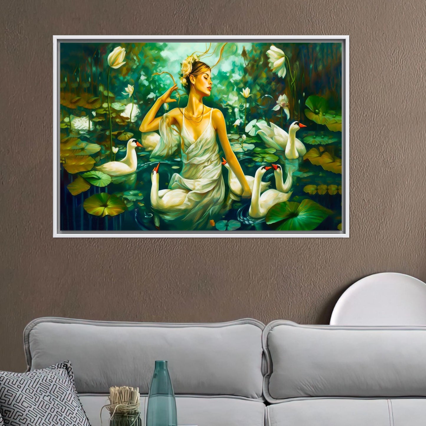 Modern Swans Art Canvas: Woman Swimming with Swans Wall Hanging, Personalized Teacher Gift