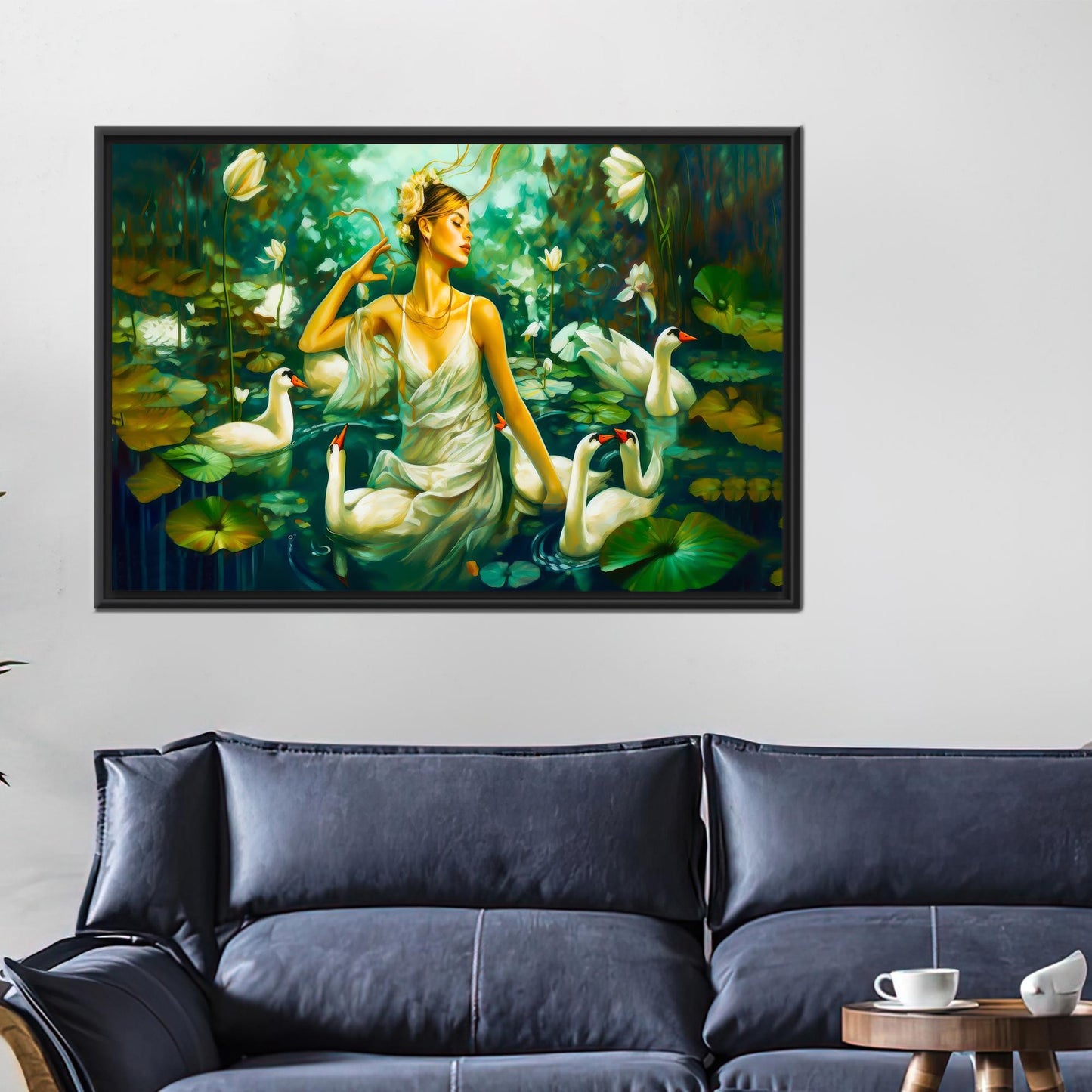 Modern Swans Art Canvas: Woman Swimming with Swans Wall Hanging, Personalized Teacher Gift