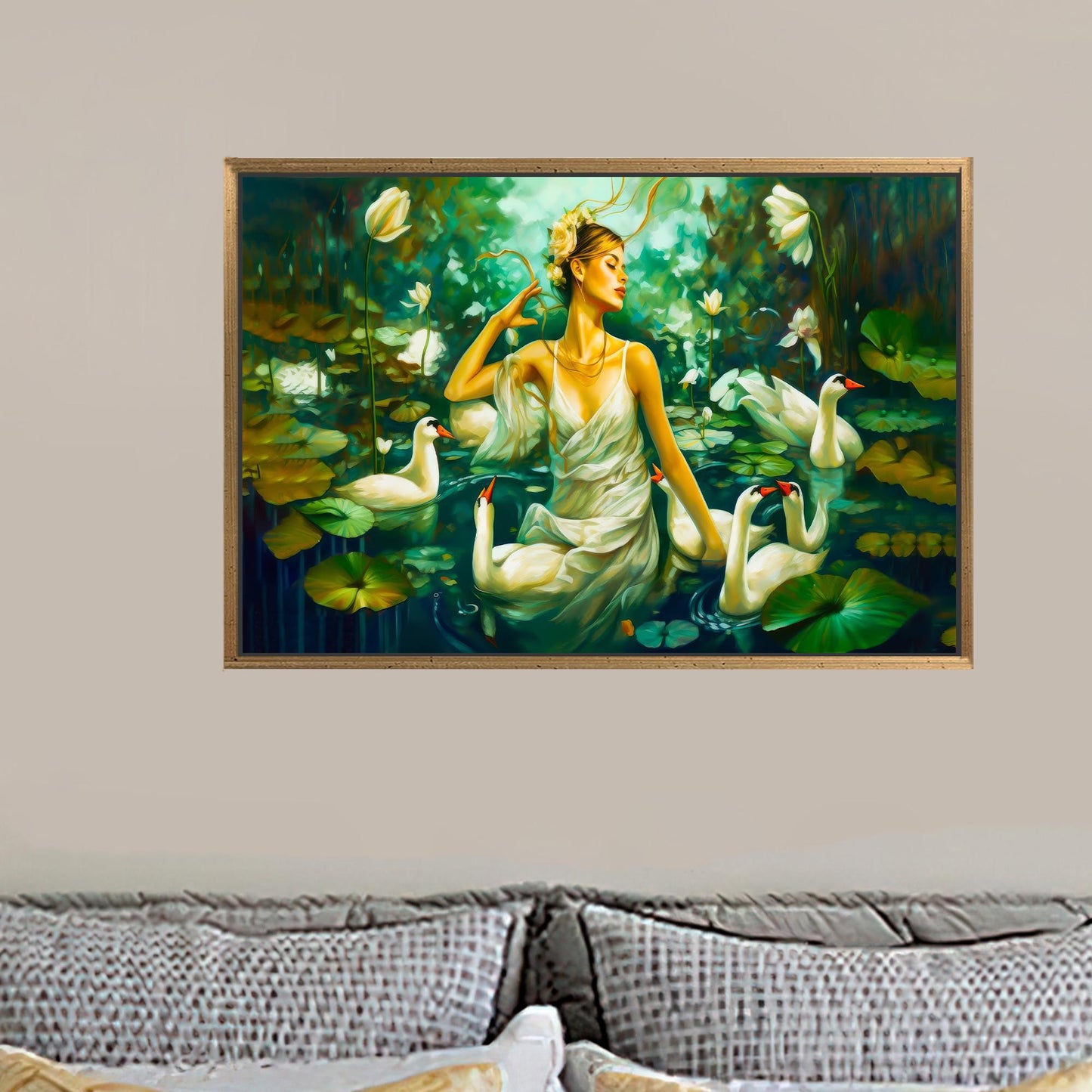 Modern Swans Art Canvas: Woman Swimming with Swans Wall Hanging, Personalized Teacher Gift