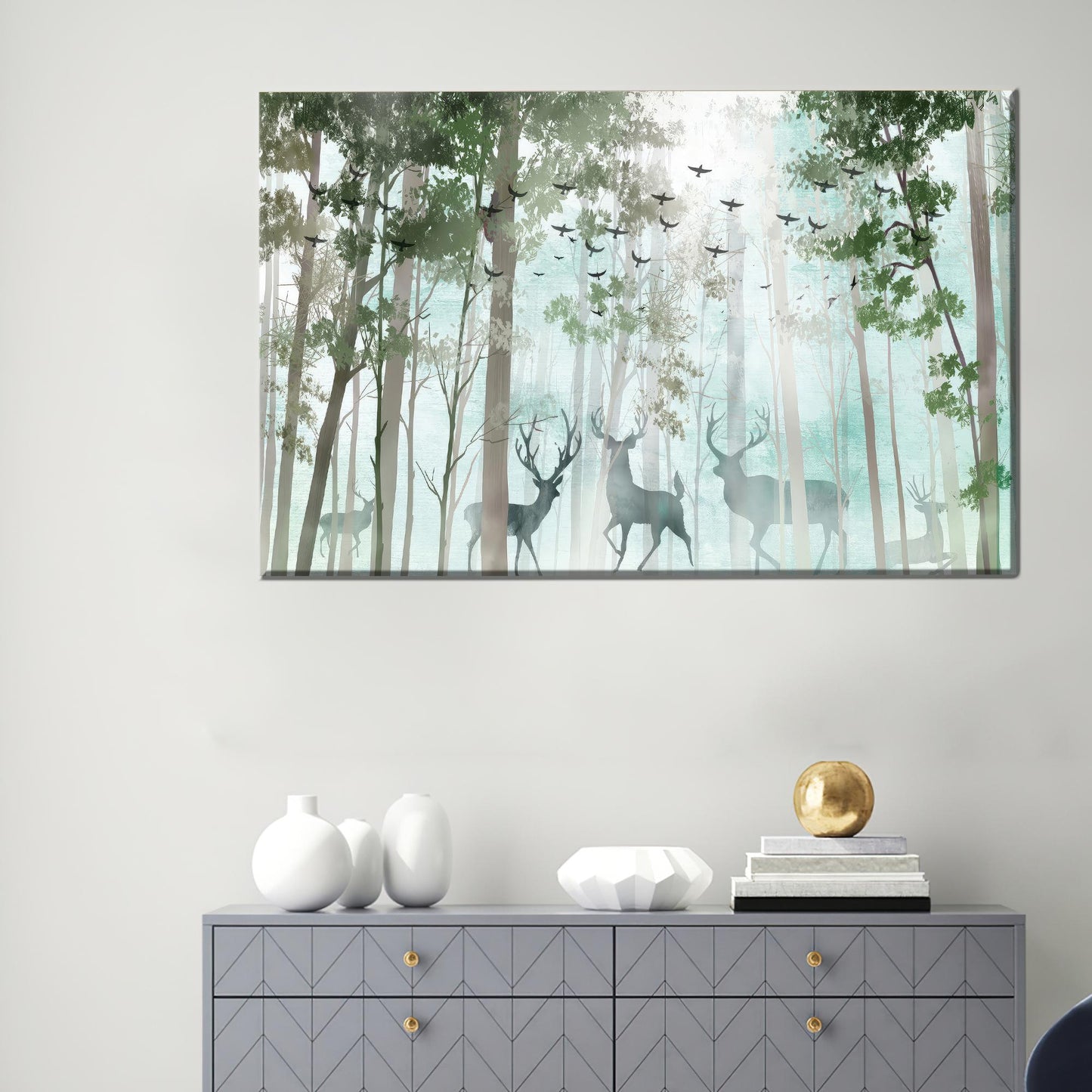 Modern Landscape Canvas Print: Deer in Forest, Personalized Wedding Gift for Couples