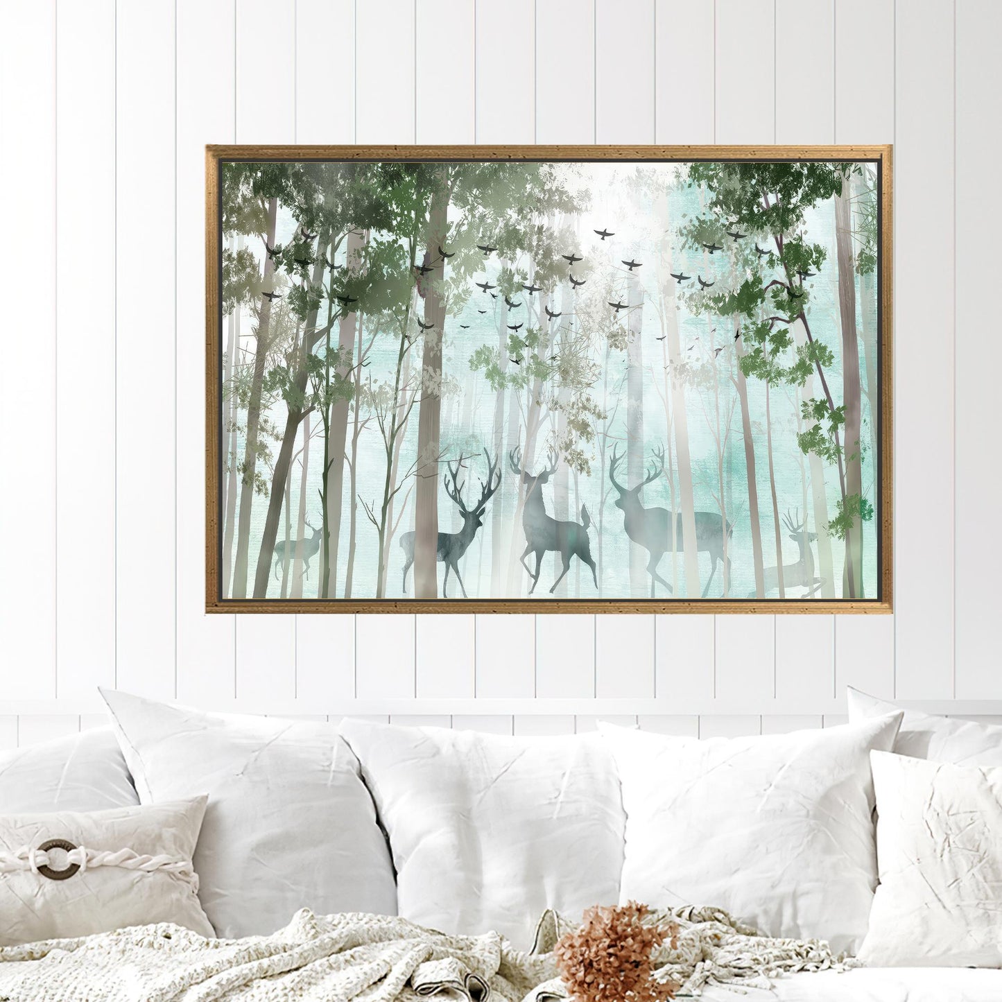 Modern Landscape Canvas Print: Deer in Forest, Personalized Wedding Gift for Couples