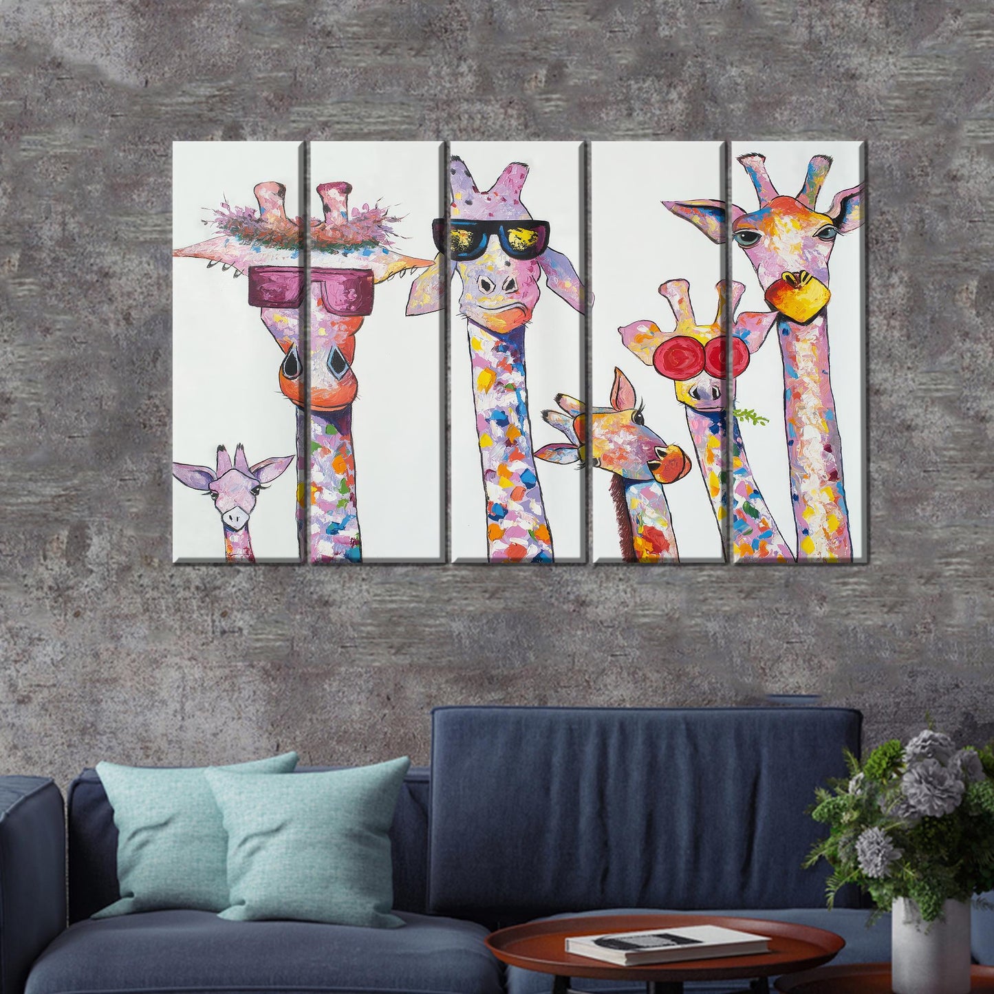 Giraffe Family Printed Canvas, Animal Wall Art, Personalized Wedding Gift, Abstract 3D Canvas
