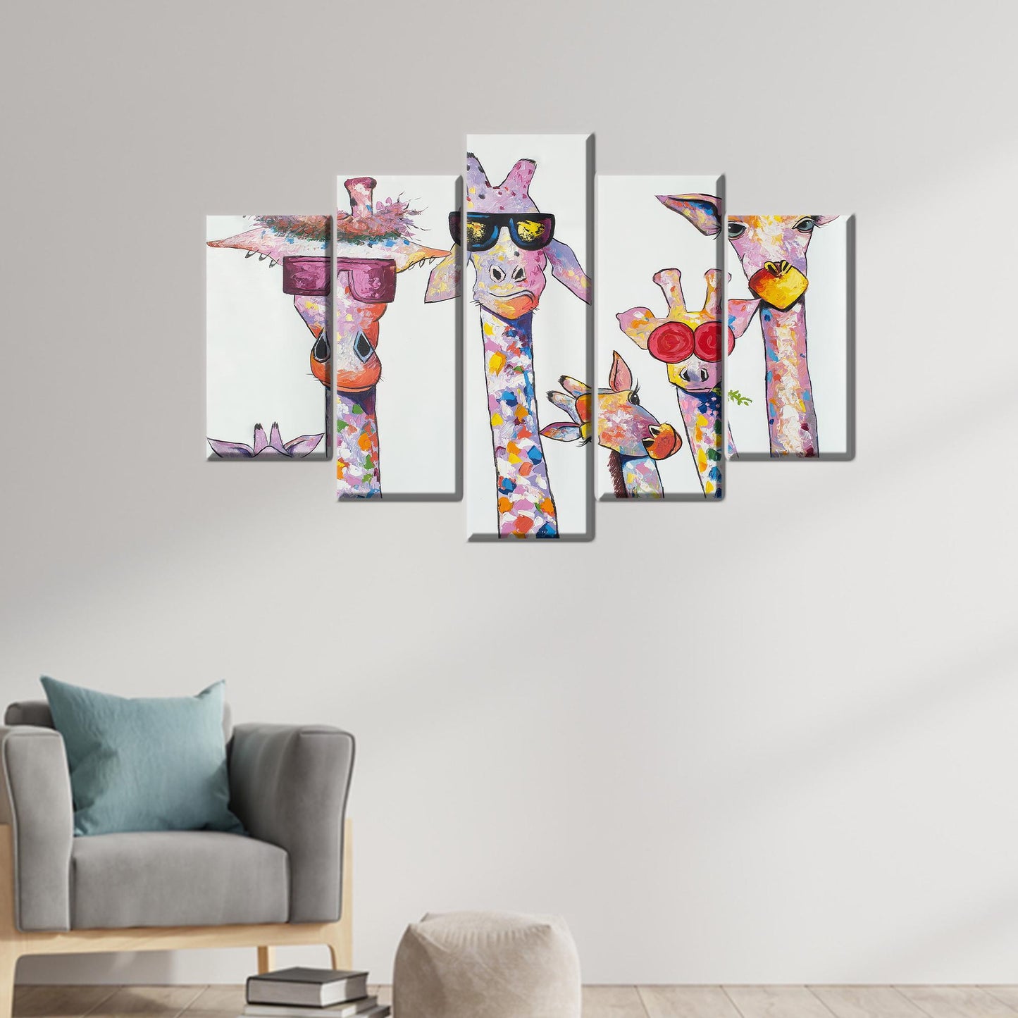 Giraffe Family Printed Canvas, Animal Wall Art, Personalized Wedding Gift, Abstract 3D Canvas