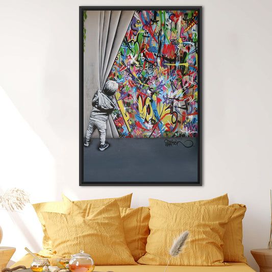 Vibrant Banksy Boy Art Canvas Print - Behind the Curtain Graffiti Wall Art