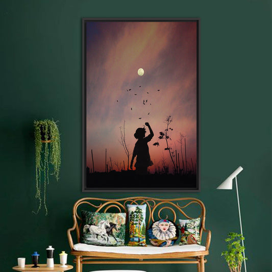 Beautiful Sky Printed Canvas Art: Sunset and Moon Landscape with Girl Silhouette