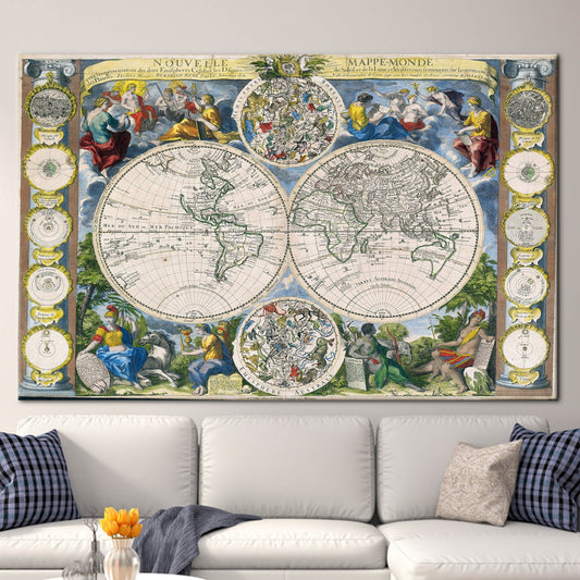 Vintage World Map Printed Canvas, Large Wall Decor for Classrooms and Schools