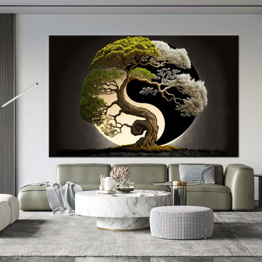 Modern Yin Yang Tree Art Canvas Print, Japanese Wall Hanging, Valentine's Day Gift For Him, Living