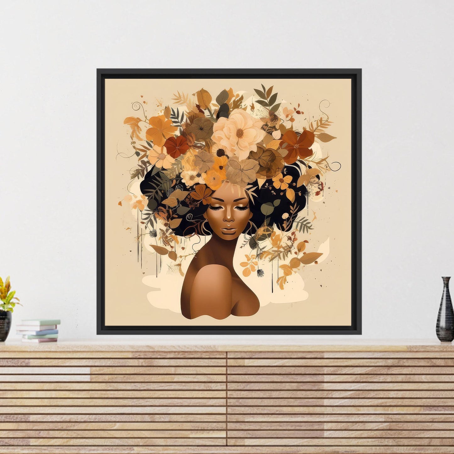 Modern African Woman Canvas Print with Flower Head Wall Art, Large Woman Art Canvas, Personalized