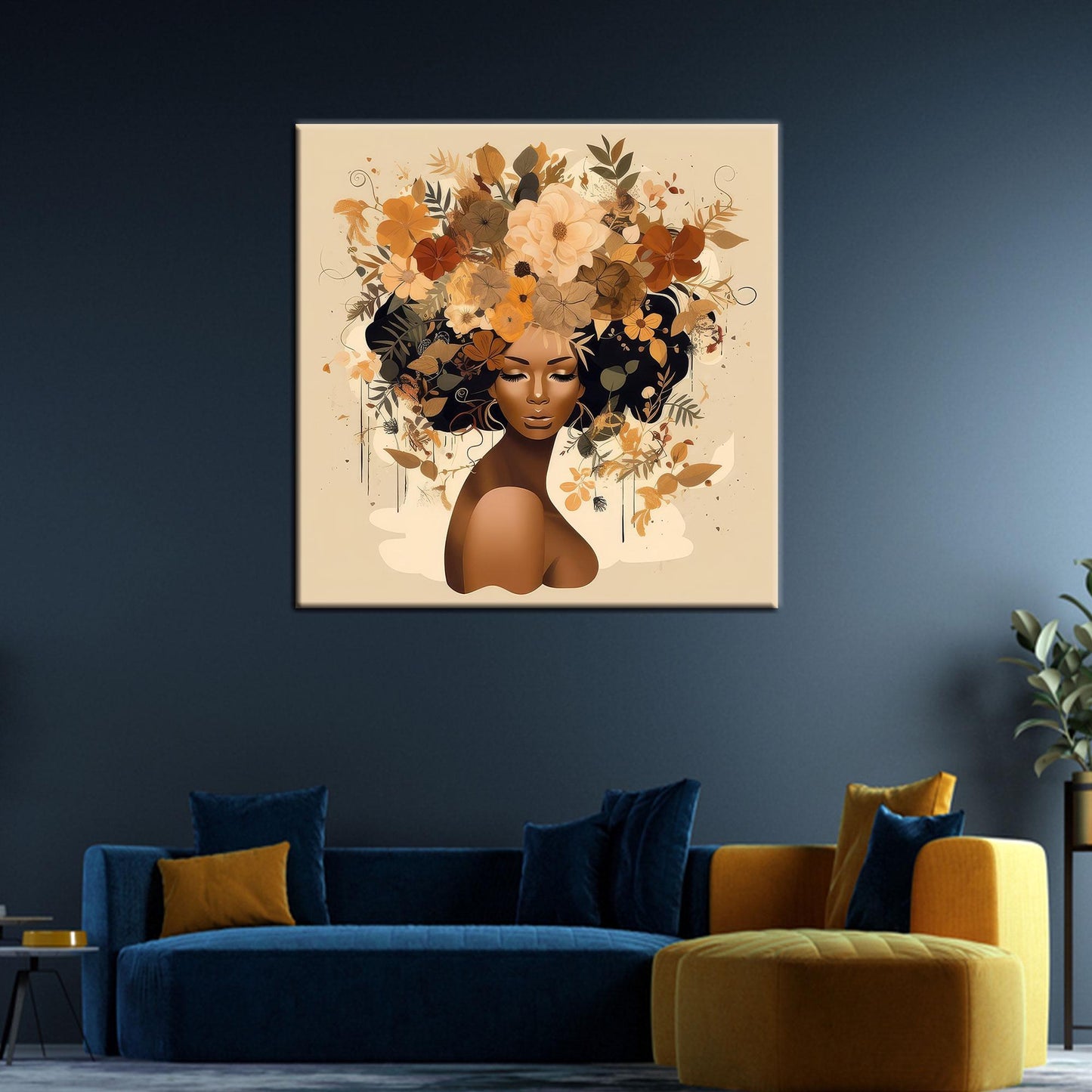 Modern African Woman Canvas Print with Flower Head Wall Art, Large Woman Art Canvas, Personalized