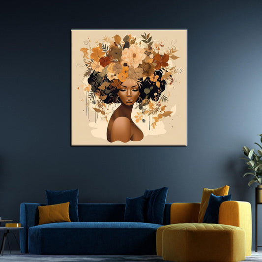 Modern African Woman Canvas Print with Flower Head Wall Art, Large Woman Art Canvas, Personalized
