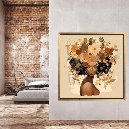 Modern African Woman Canvas Print with Flower Head Wall Art, Large Woman Art Canvas, Personalized