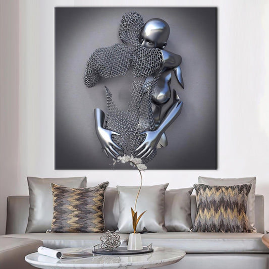 Hugging Couple Canvas Art with 3D Metallic Artwork - Romantic Bedroom Wall Decor