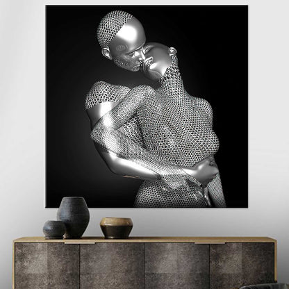 3D Silver Kissing Couple Abstract Canvas Print