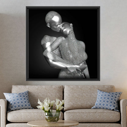 3D Silver Kissing Couple Abstract Canvas Print
