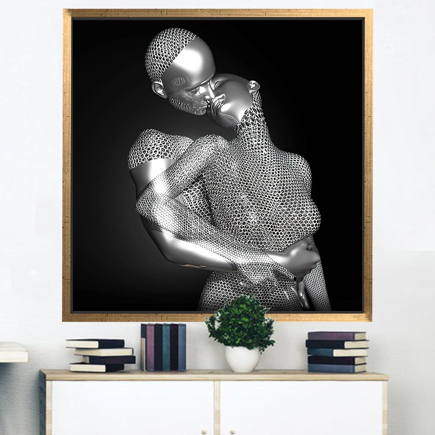 3D Silver Kissing Couple Abstract Canvas Print