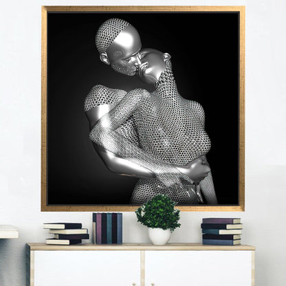 3D Silver Kissing Couple Abstract Canvas Print