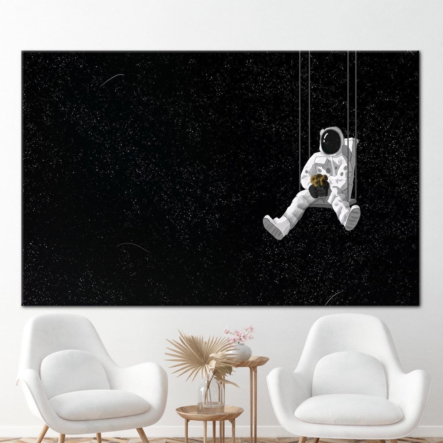 Black Astronaut and Sunflowers Starry Canvas Print