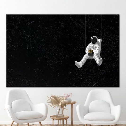 Modern Black Canvas Print: Astronaut and Sunflowers Artwork on Starry Sky