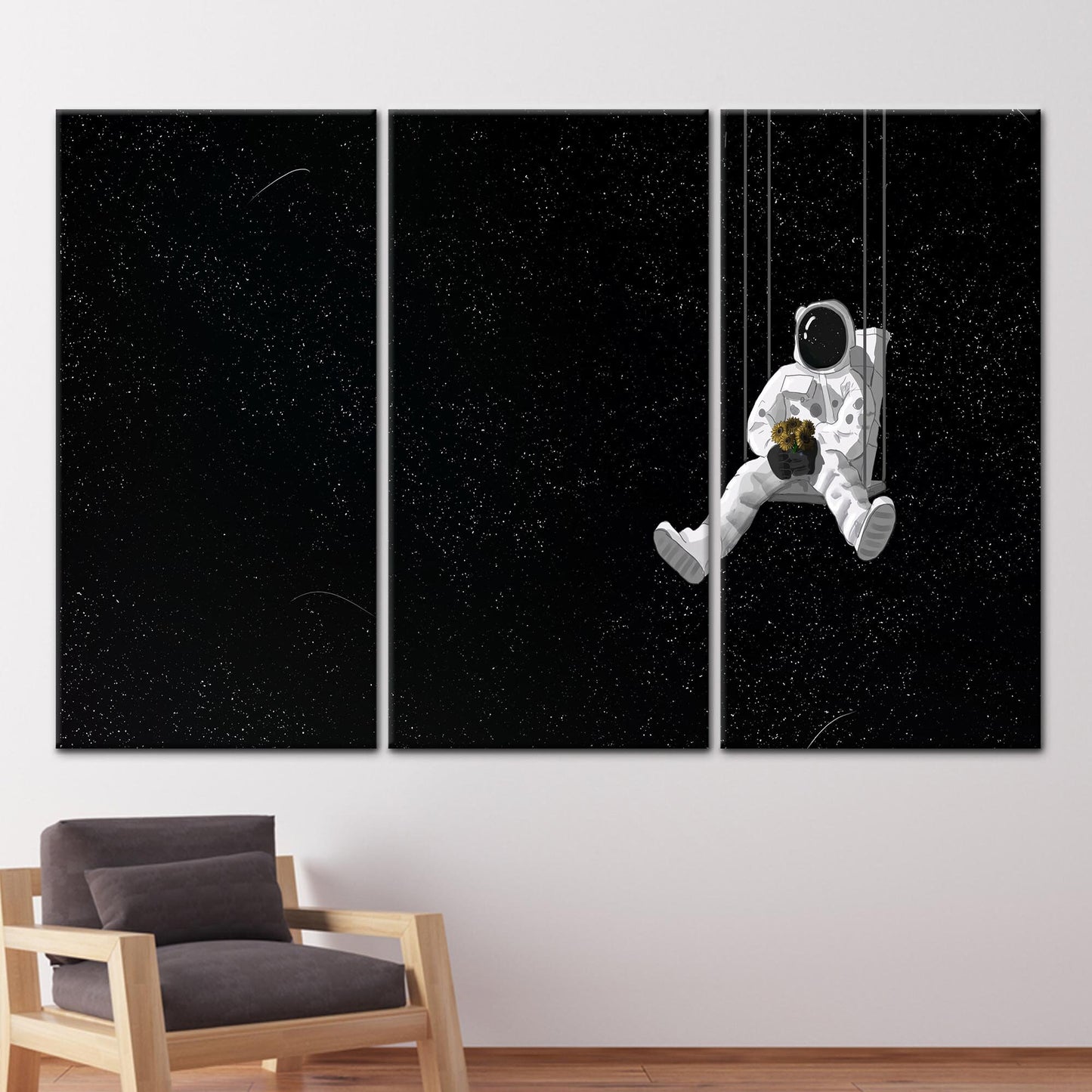 Black Astronaut and Sunflowers Starry Canvas Print